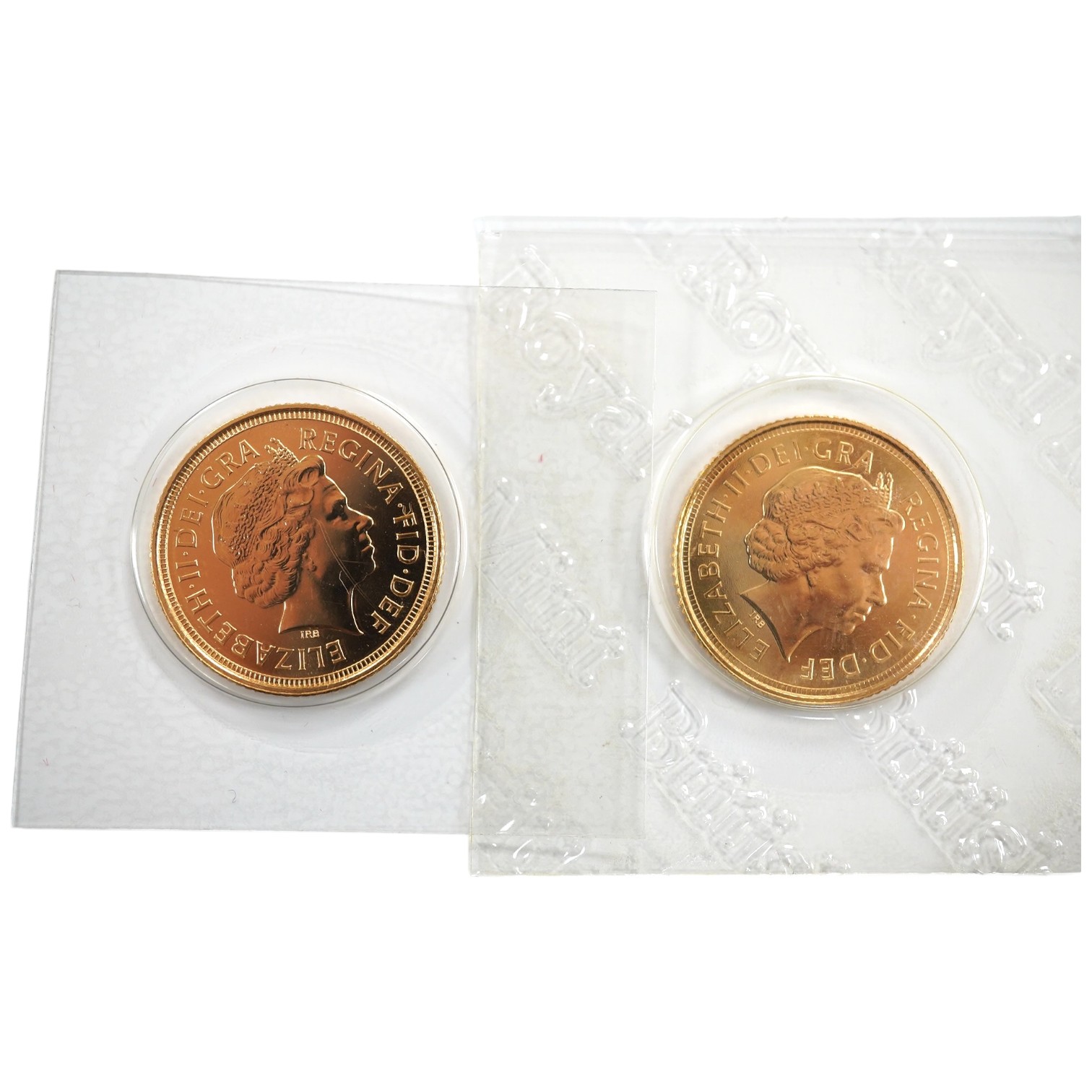 British Gold coins, QEII, two half sovereigns, 2002 shield and wreath, BUNC, 2005 alternative Saint George and Dragon, BUNC